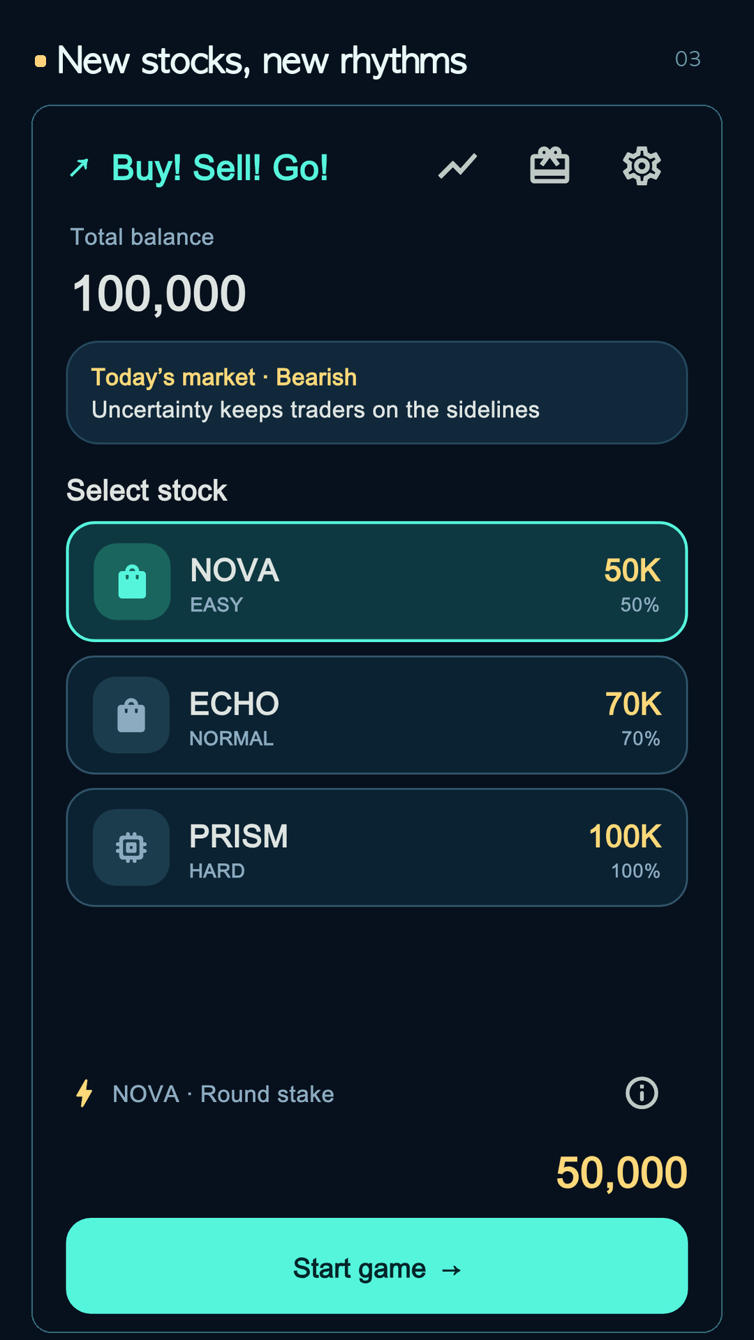 Buy! Sell! Go! stock selection screen