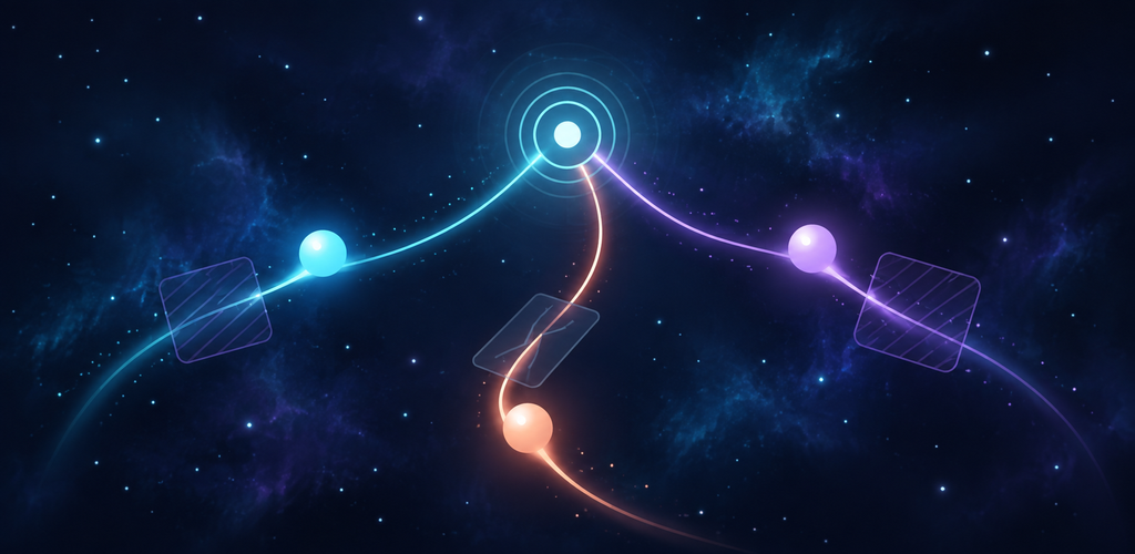 Glowing orbs following separate paths to one gate
