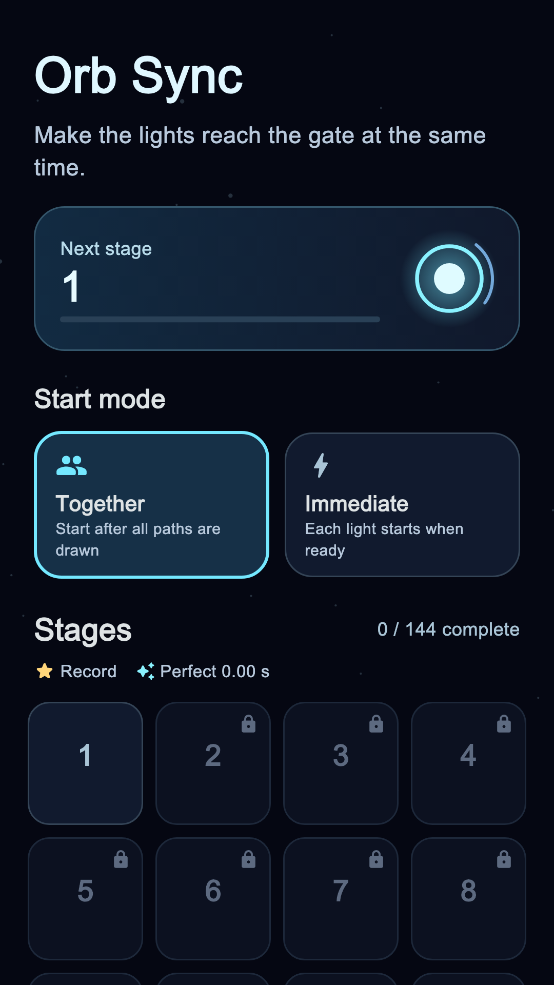 Orb Sync stage selection and start mode screen