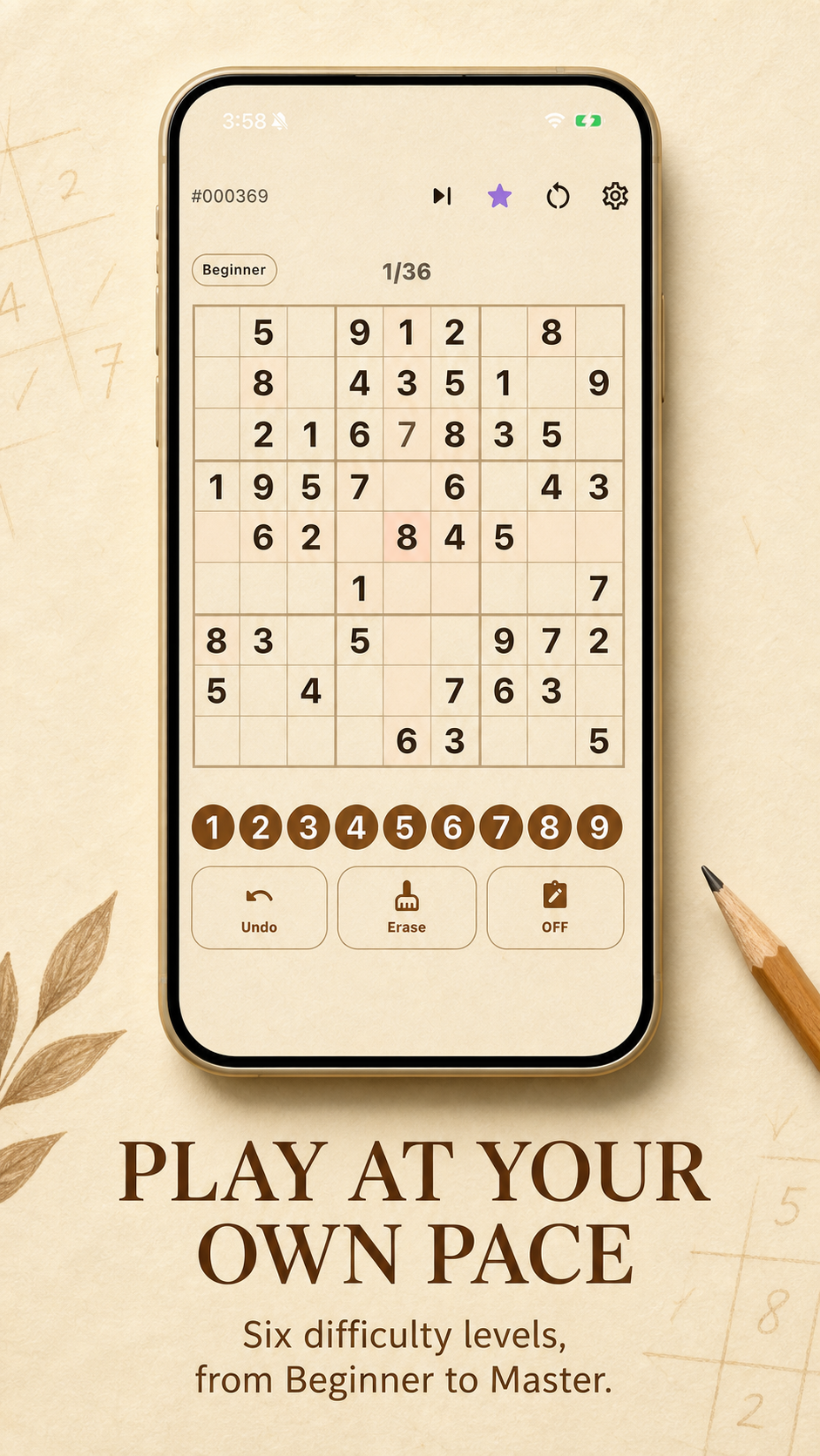 Paper Sudoku gameplay showing a beginner puzzle