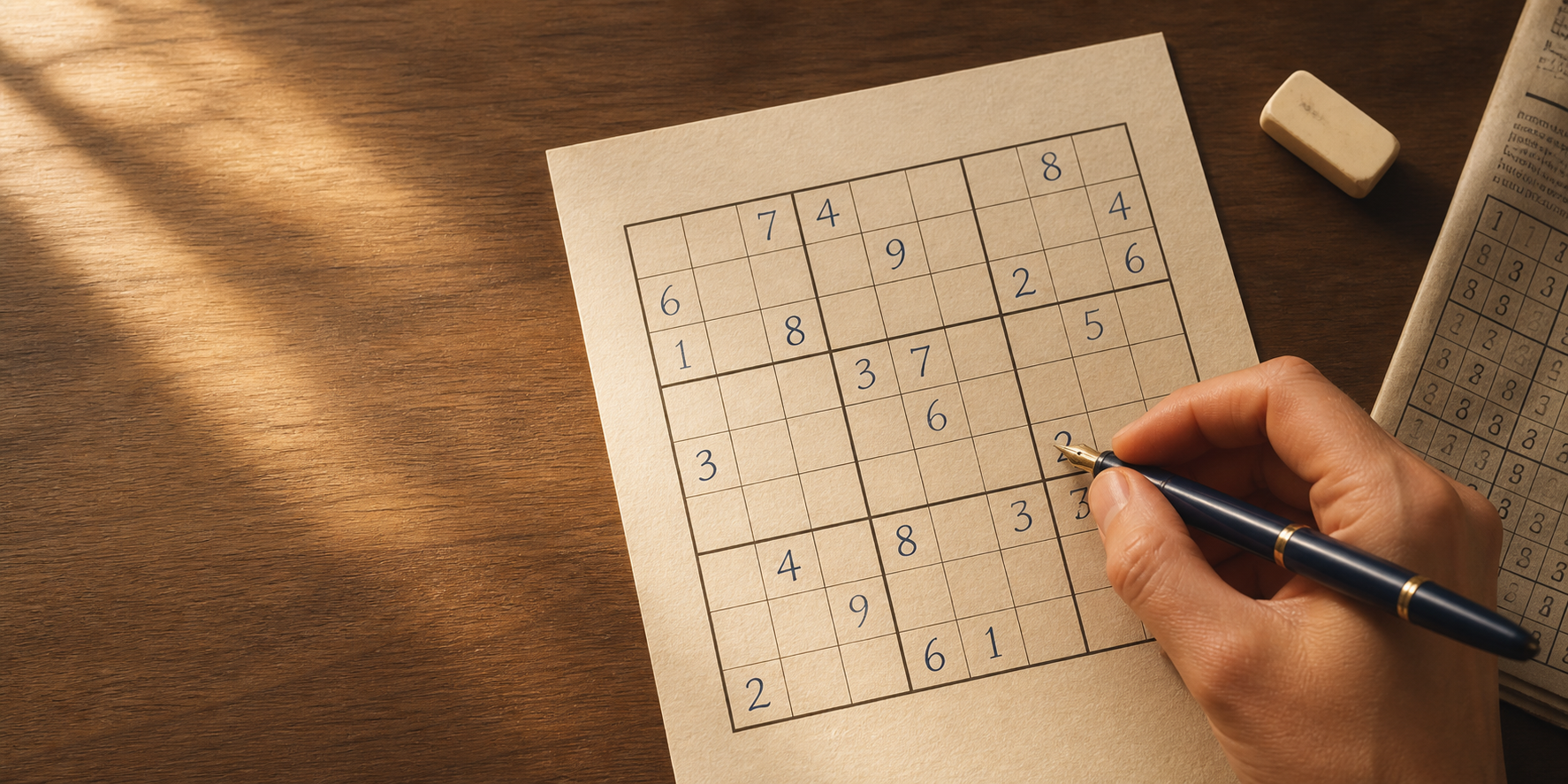 Paper Sudoku puzzle on a warm wooden table